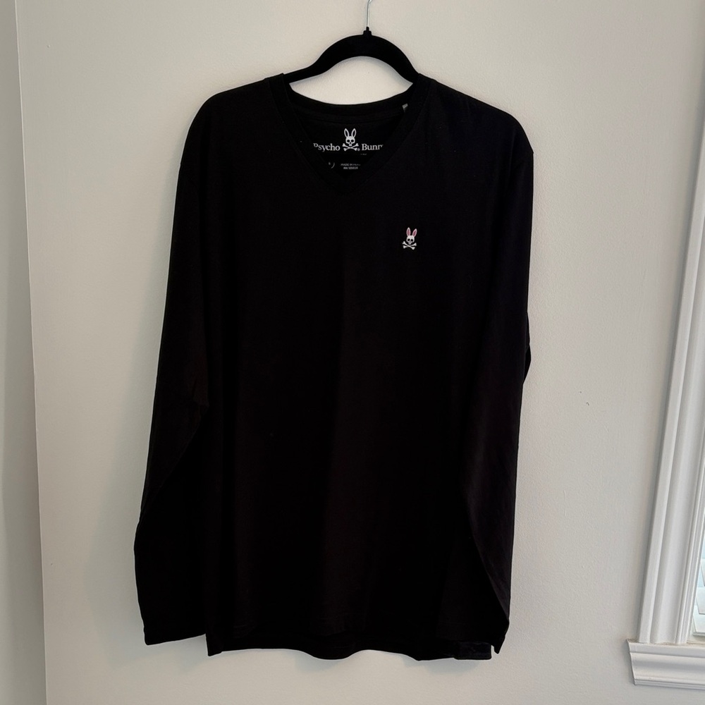 Psycho Bunny Black Long Sleeve V-Neck Shirt with Small Logo